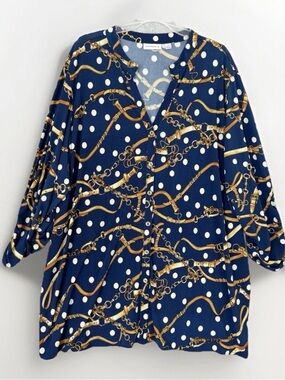 Susan Graver Womens Size 3X Blue Cream Chain Print Polka Dot Blouse 3/4 Sleeve